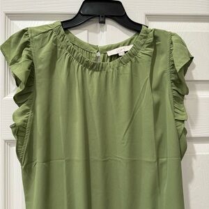 LOFT Green Ruffled Flutter Sleeve Top
